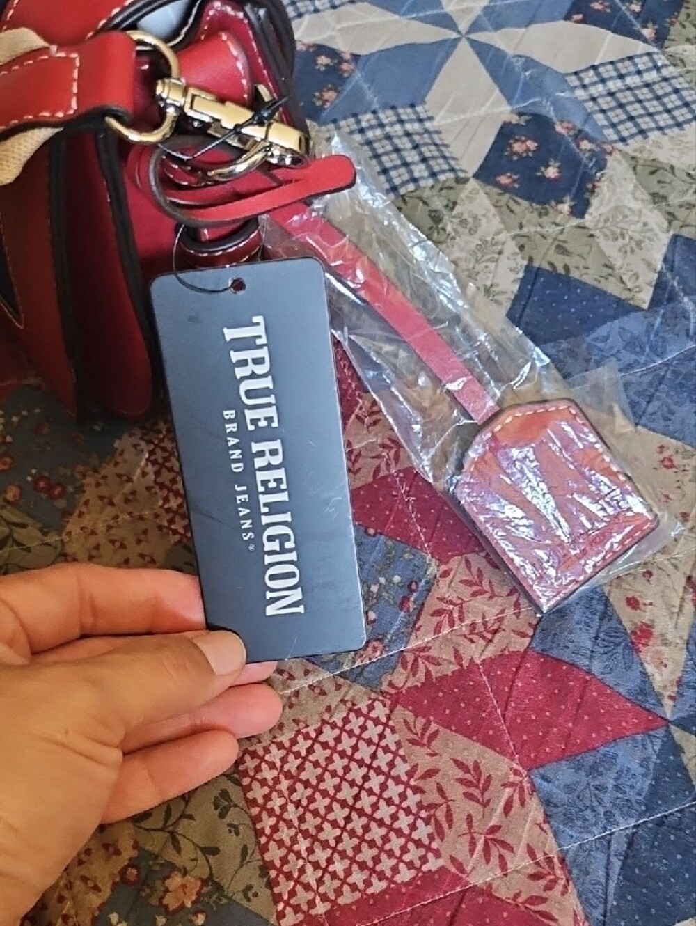 True Religion Navy Suede & Red Leather Rhinestone Crossbody - Picture 3 of 7
